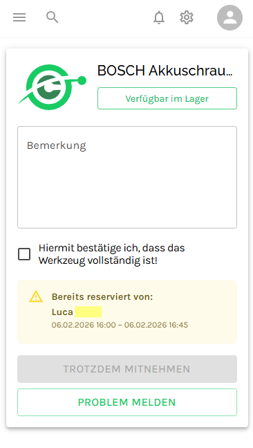 Werkzeug-Reservierung